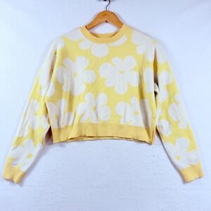 Luna Ivy Floral Sweater Womens Small Yellow Daisy Cropped Knit Cottagecore Retro